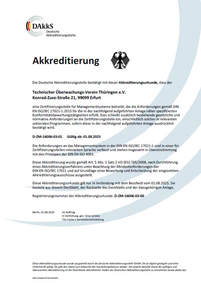 DAkkS (Deutsche Akkreditierungsstelle GmbH) аккредитация органа сертификации TÜV Thüringen e.V. по стандарту ISO/IEC 20000-1