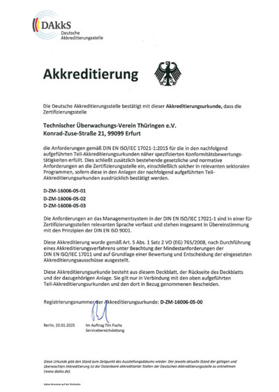 DAkkS (Deutsche Akkreditierungsstelle GmbH) аккредитация органа сертификации TÜV Thüringen e.V. по стандарту ISO 45001