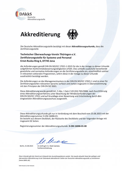 DAkkS (Deutsche Akkreditierungsstelle GmbH) аккредитация органа сертификации TÜV Thüringen e.V. по стандарту ISO 50001